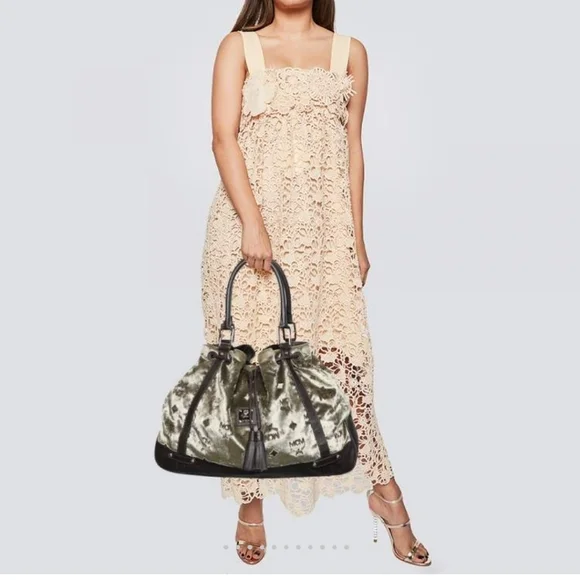 MCM Limited Edition Vintage Green and Brown Viseto Velvet Shoulder Bag. - Picture 4 of 11